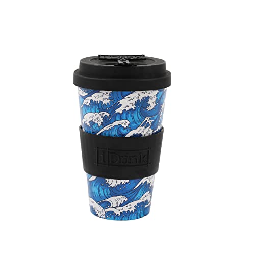 IDRINK®- Tazza in RPET per Caffé con Tappo in Silicone Apribile, Facile da Portare 435 ml, Mug Takeaway Plastica Riciclata 8.7 x 8.7 x 15 cm Ergonomica 435 ml (WAVE)