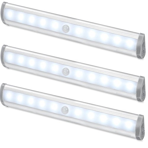 YESDA 3 x Lámpara LED del Armario 10 LEDs Barra de Luz Inalámbrica con Sensor de Movimiento, Blanco Frío y Operada por 4 AAA Baterías para Gabinete Aparador