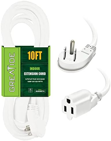 GREATIDE 10 Ft Flat Plug Extension Cord, 16 AWG 3 Prong Grounded White Low Profile Extension Cable for Indoor, UL Listed