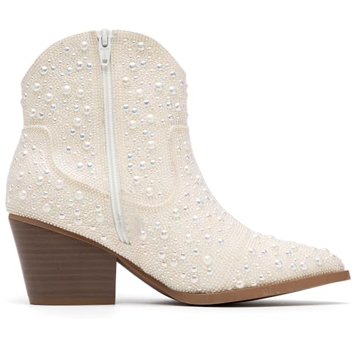 Image of YAYONE Rhinestone Zipper Sparkly Ankle Boots - Glitter Pointed Toe Fashion Comfortable Shoes, Pull on Chunky Heel Western Boots