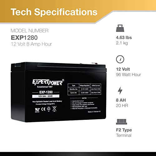 Image of ExpertPower EXP1280-12V 8AH SLA AGM Rechargeable 12V Battery for Ride on Toys, APC Backup UPS Battery Replacement, 12 Volt Batteries for Alarm, Replaces UB1280 with F2 Terminals (Pack of 3)