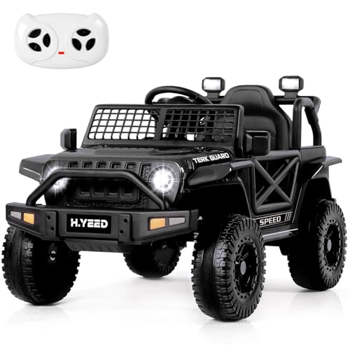 H.yeed 12V Kids Electric Ride on Car for 3-8, 2 Motors Off Road Truck with 2.4G Remote Control, LED Lights, Music, Horn & Wireless Connection, Battery Powered Ride on Toy for Boys Girls (Black)