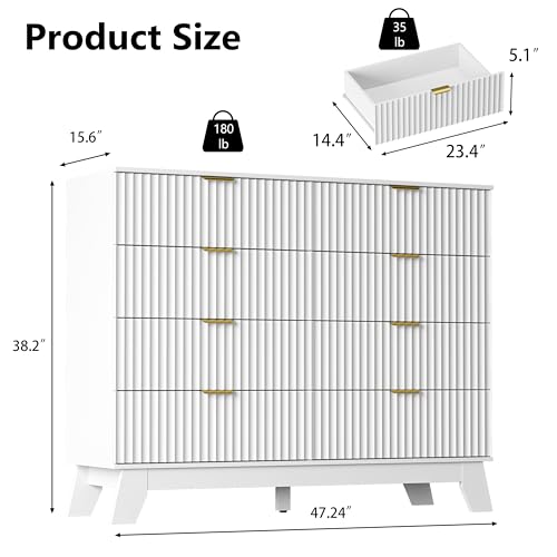 Image of White Dresser 8 Drawer Dresser for Bedroom, 47''Wide Fluted Wooden Dresser Storage Cabinet and Chest of Drawers with Metal Handle, Storage Organizer for Living Room, Hallway, Entryway