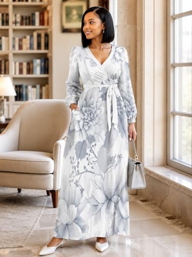 Image of PinkPatty Plus Size Dresses for Curvy Women V Neck Flowy Long Sleeves Wrap Maxi Dress Travel Vacation Outfits