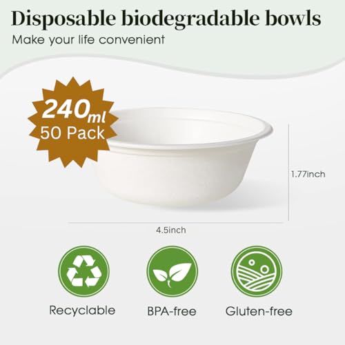 50 Pack Strong Paper Bowls – 240ml Small Disposable Compostable Bagasse Bowl for Party – (4.5 x 1.77 inches) Biodegradable Microwavable Soup Bowls - Idea for Dessert Milk Salad Cereals