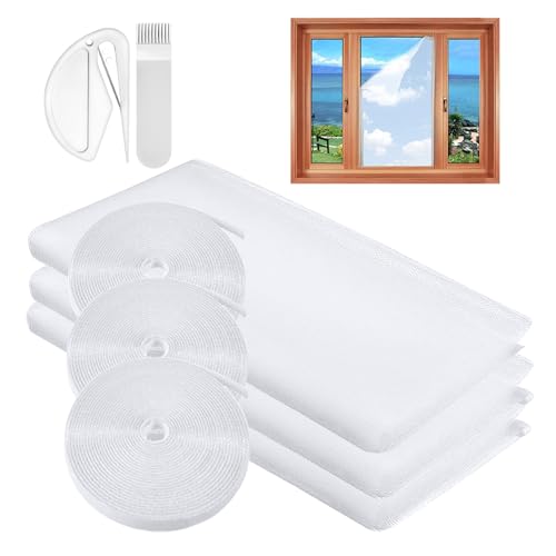 MOEGFY Mosquito Netting,3 Pack DIY Self-Adhesive Insect Mesh Curtain Fly Bug Bee Protector Screen 130x150CM with 3 Rolls Hook Sticky Tape,Fitted to Multiple Windows White