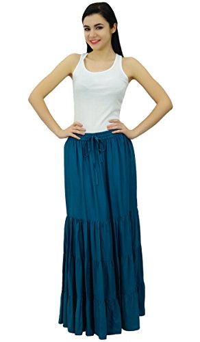 Bimba Boho Long Flaired Maxi Tier Skirt Elastic Waist Rayon Bohemian Skirts4