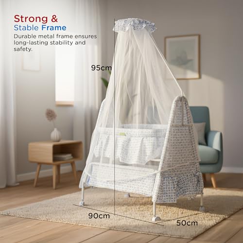 Image of BAYBEE Cradle for New Born Baby with Mosquito Net, Portable Jhula Palna, Foldable Crib, Infant Uyyala with Storage Basket, 360 Locking Wheels (Blue)
