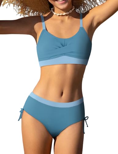 Image of Gaupafmb Girls Bikini 3PCS Swim Sets Color Block Crop Top Briefs with Shorts for 7-16 Years