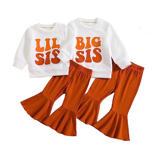 Image of Big Sister Little Sister Matching Outfit Toddler Baby Girl Crewneck Shirts Floral Bell Bottom Pant Fall Clothes