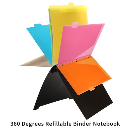 Image of 2 Pcs Pivotable Refillable Notebook, 3 Ring Binder Notebooks 1 Inch, Notebook with Dividers and Pockets, Folder Notebook, Flexible Binder, Soft Binders 3 Ring, Foldable Binder- Black