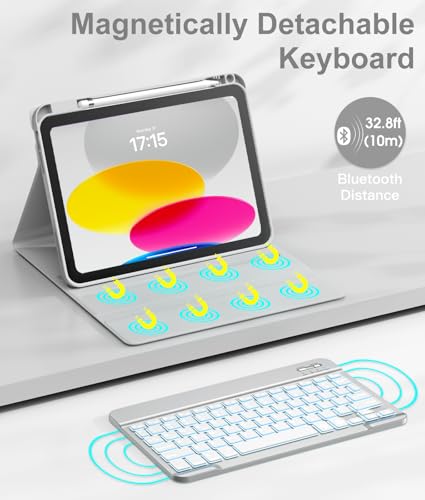 Image of Hamile for iPad 11th 10th Generation Case with Keyboard - 7 Colors Backlit Wireless Detachable Folio Keyboard Cover with Pencil Holder for iPad A16 11-inch 2025 10th Gen 10.9 Inch 2022 (Light Gray)