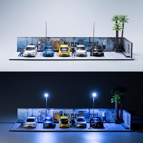 Hot Wheels Display Case, Hotwheels Storage Car Park with LED Lights, 1/64 Model Car Display Case for 5 Parking Spaces.
