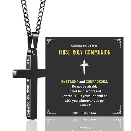 Sereney First Holy Communion Gifts for Boys Joshua 1 9 Cross Necklace 1st Communion Favors Catholic Cross Necklace as Christian Religious Son Grandson Nephew Jewelry Gifts First Communion Decorations Boys Pendants