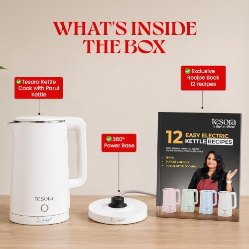 Image of Tesora by Cook with Parul Electric Kettle, 1.8L, 12 Recipes Book Included, 1500W, 100% Stainless Steel Inner Body, Auto Shut-Off, Boil-Dry & Overheat Protection, Cool Touch Double Wall (White)