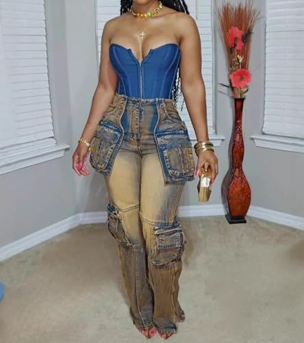 Famnbro Women's Cargo Jeans Side Zipper Y2k High Waist Straight Leg Denim Jeans Pants with Pockets2