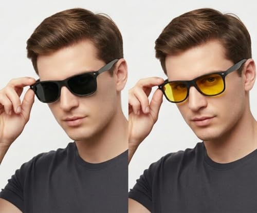 Image of Combo of Night Driving HD Vision Glasses with Diamond Cut Design and Black Daytime UV400nm Sunglass for Men Women Anti Glare For Night Bike Riding Car driving
