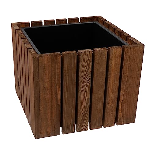 HRB Blumentopf Vintage eckig aus Echtholz braun, hochwertiger Holz Pflanztopf mit Kunststoffwanne mit 7 L Volumen für Innen und Außen, die Pflanzkübel haben EIN einzigartiges Design