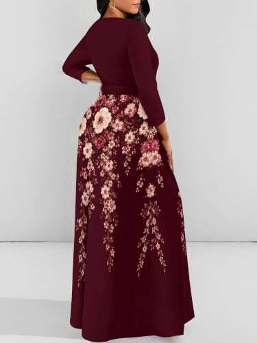 Image of Plus Size Maxi Dress for Women V Neck 3 /4 Sleeve Wrap Dress