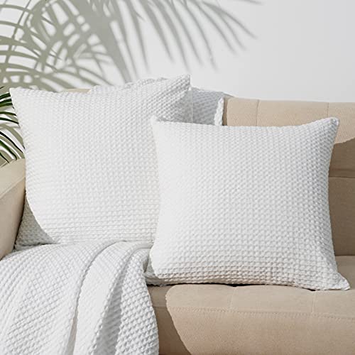 PHF 100% Cotton Waffle Weave Euro Shams 26" x 26", 2 Pack Elegant Home Decorative Euro Throw Pillow Covers for Bed Couch Sofa, White