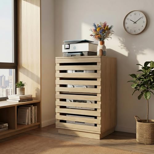 holzart Modern Slatted Wood Audio Component Cabinet, 4-Tier Stereo Equipment Rack Media Stand with Ventilated Door & Cable Management, Oak Finish 35.4\" Tall