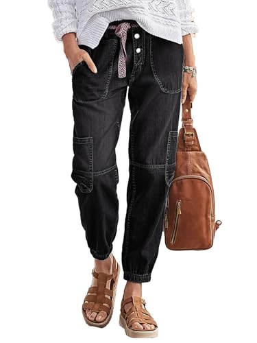 Flamingals Straight Leg Button Fly Multi Pocket Jeans for Women Black XL