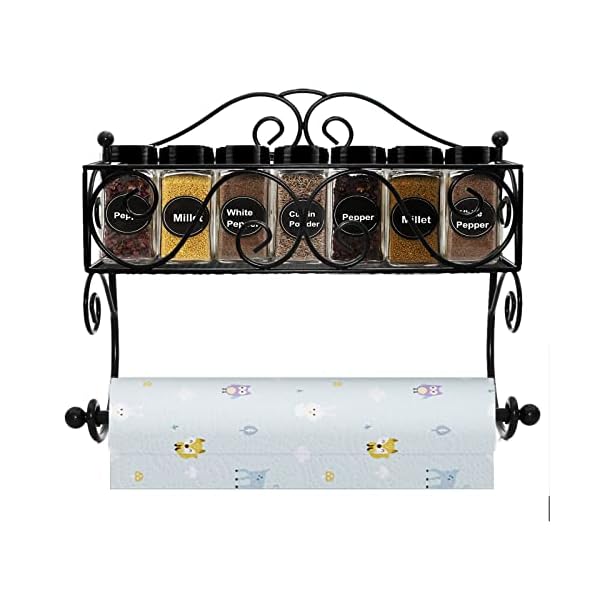 IMAYLLA Paper Towel Holder with Shelf Storage, Decorative Scrollwork Design Adhesive Wall Mount Basket Organizer for Kitchen Bathroom