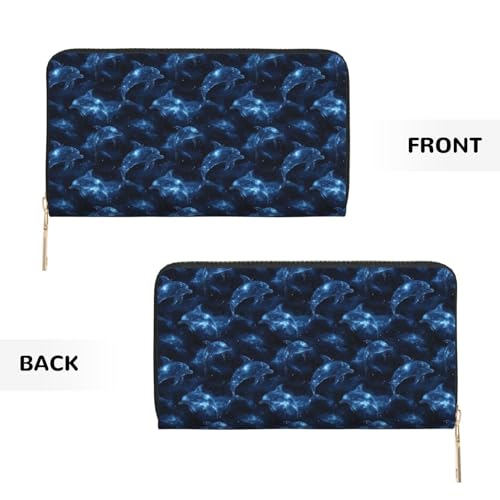 Starry Blue Dolphins Print Wallet Women Men, Long PU Leather Wallets for Women, Cute Womens Travel Wallet Purse Pouch with Zipper Pocket2