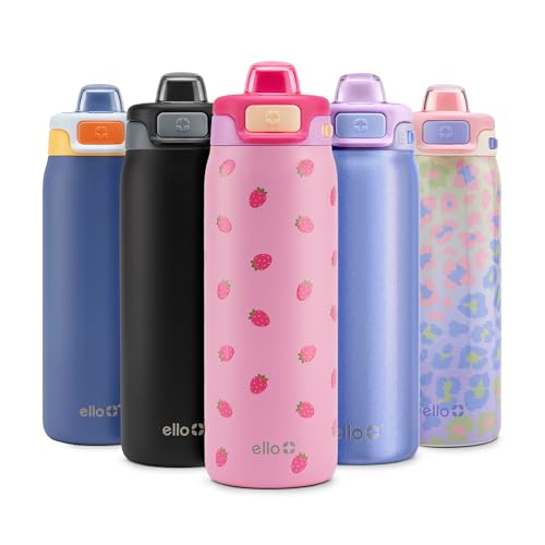 Ello Pop & Fill 18oz Stainless Steel Kids Water Bottle with Quick Fill Lid | Vacuum Insulated BPA Free Bottle with Leak Proof Straw and Chug Lid, Dishwasher Safe, Gift For Kids Teens, Strawberries