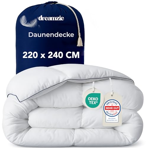 Dreamzie Daunendecke 220x240 Daunen Bettdecke - Bauschige Ganzjahresdecke 450gsm - Ultrakomfort Bettdecke 200x240 cm - Bettdecken Daunen & Federn von Ente - Zertifiziert für Tierwohl