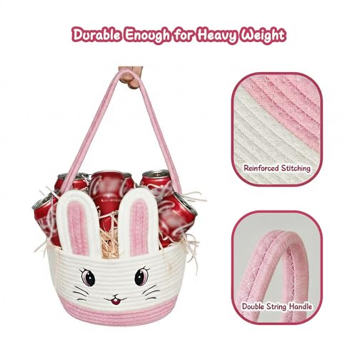 Image of Allaugh Personalized Easter Basket for Toddler: Pink Cotton Woven Baby Easter Gift Basket - Empty Bunny Egg Baskets Large with Double Rope Handle For Girls Boys Kids