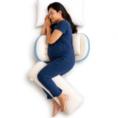Image of OYO BABY Premium Maternity Pillow Bundle | 4-Piece Full Body Pregnancy Pillow Set for Back, Belly, Hips and Leg Support | Adjustable Butterfly Design | Hypoallergenic Organic Cotton Cover - Blue