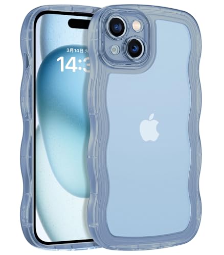 BENTOBEN iPhone 15 ケース クリア TPU 韓国 可愛い ウェーブ ソフト 滑り止め 薄型 軽量 耐衝撃 おしゃれ スマホケース ストラップホール付き アイフォン15 ケース ブルー