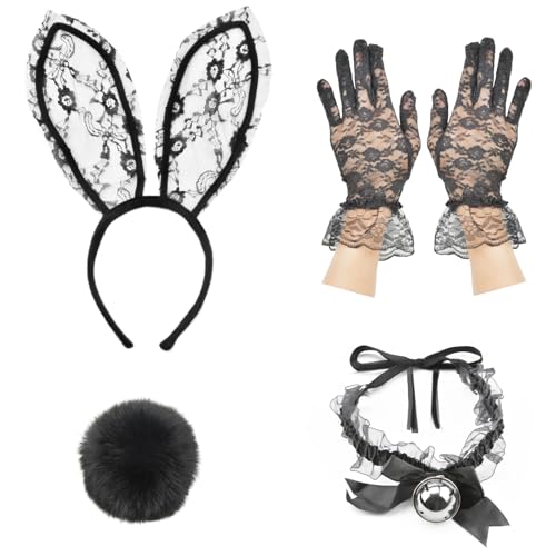 KESOCORAY Womens Bunny Costume Set with Box Rabbit Ear Headband Collar Bow Tie Costume Cuffs Rabbit Tail Kit for Party (Black-Lace)