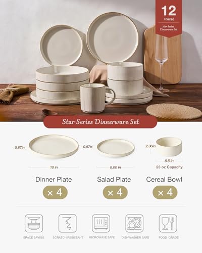 image for Famiware Star Dinnerware Set, Plates and Bowls Sets for 4 (12pcs), Rib