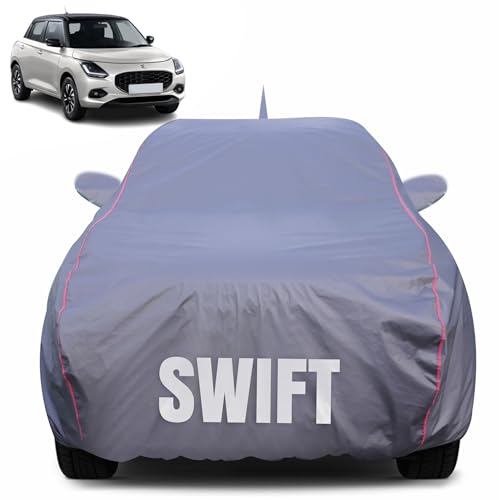 Image of 100% Waterproof Car Body Cover for Maruti Suzuki Swift (2024) with Mirror Pocket (Heat & UV Resistant, Triple Stitched, Soft Lining, Bottom Elastic & Piping) Grey