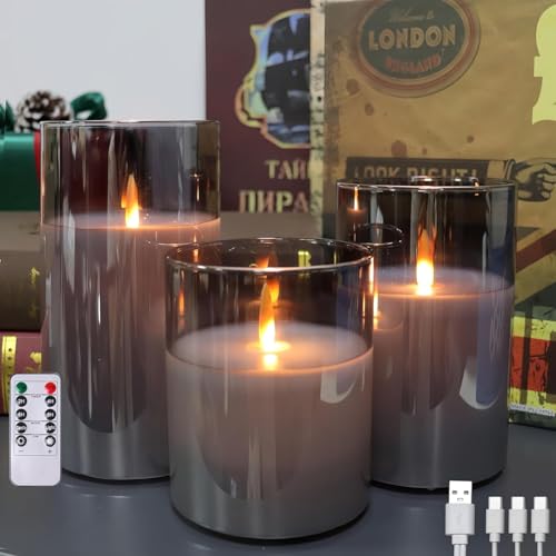 MozkeTo19 Grau Glas Flammenlose Kerzen USB-C Wiederaufladbare Kerzen Mit Fernbedienung und Timer LED Kerzen Langer Standby Real Wax LED Candles 3er-Set