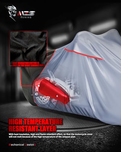 Image of MZS Motorcycle Cover Waterproof Outdoor, Heavy Duty All Season Weather Protection with Cotton Lining Vents Night Reflective Lock Holes Storage Bag fits up to 96 inch Motorcycle Powersports Vehicle Cover