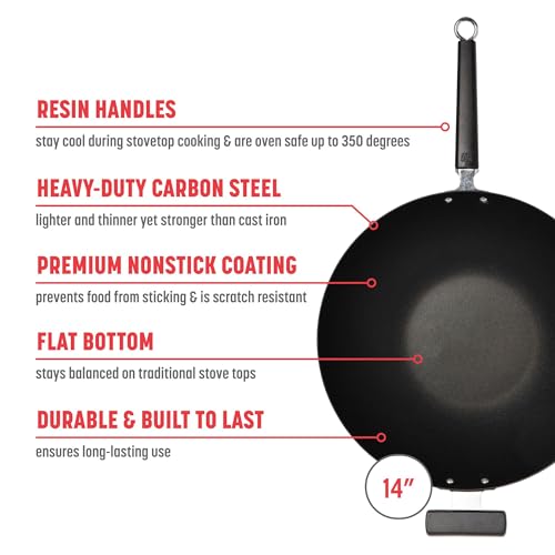 JOYCE CHEN 14-Inch Excalibur Carbon Steel Wok Nonstick Phenolic Handles