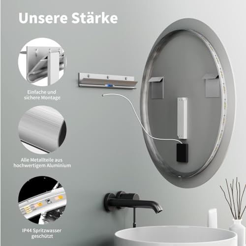 HOKO LED-Badspiegel rund 60 cm, mit Touch-Schalter & Farbwechsel, IP44 – Ansicht 4