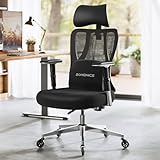 SONGMICS Chaise de Bureau Ergonomique, Fauteuil de Bureau, avec Soutien Lombaire, Appui-Tête, Accoudoirs, pour Différentes Tailles, Supporte 150 kg, Noir d'encre OBN067BH01