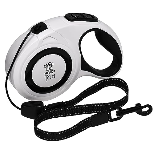 HarryTom Premium Retractable Dog Lead Tangle Free Cord For Dogs up to 25kg - 8m Long Extendable Dog Lead - Reflective with One Button Lock, Release, Pause - White