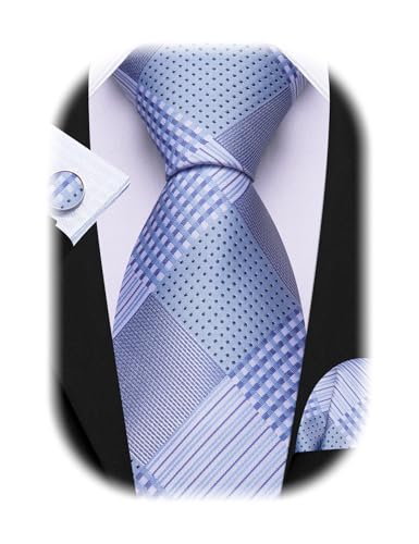 Image of Barry.Wang Designer Classic Ties for Men Set Formal Pocket Square Cufflink Check Plaid