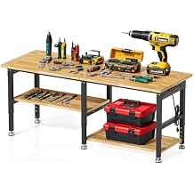 72Heavy Duty Work Bench, 2-Layer Adjustable Workbench, 5000 LBS Capacity Work Bench with Power Outlet & Pegboard, Rubber Wood Work Table for Garage, Workshop, Office, Home