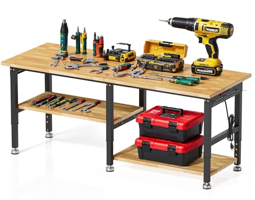 MUWOOD 72”Heavy Duty Work Bench, 2-Layer Adjustable Workbench, 5000 LBS Capacity Work Bench with Power Outlet & Pegboard, Rubber Wood Work Table for Garage, Workshop, Office, Home