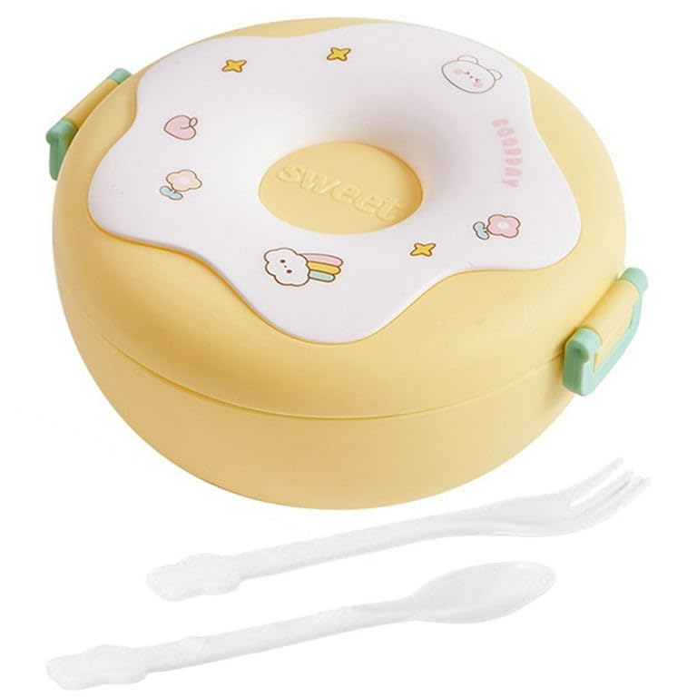 CherryBox Donut Shape Kids Children's Lunch Box with Spoon and Fork Leak Proof, 3-Compartment Bento Style Kids Lunch Box BPA Free 1000 ML (Yellow)