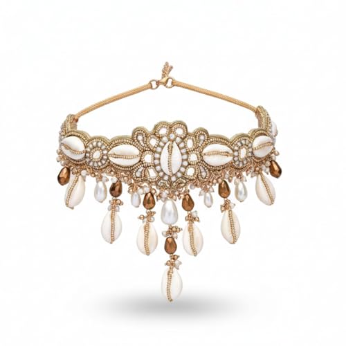 Image of SANJOYA Traditional Cowrie Shell & Pearl Bridal Choker Necklace for Haldi | Gold-Tone Kundan Beaded Indian Ethnic Choker with Crystal & Shell Drops | Mehndi Sangeet Wedding Jewellery for Women & Girls