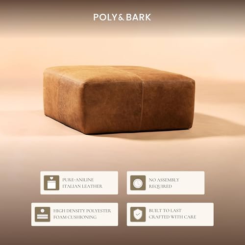 Image of POLY & BARK Sequoia Ottoman - 35 inch Square Pouf with Feather-Down Topper - Full-Grain Leather Upholstered Pouf Ottoman for Living Room - Vintage Italian Leather in Cognac Tan