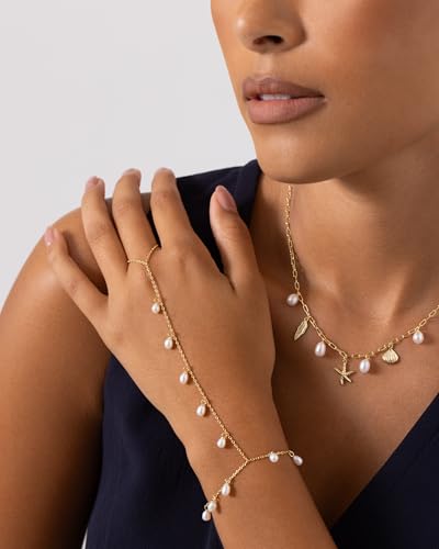 Image of PAVOI 14K Gold Plated Hand Chains for Women - Adjustable Hand Chain Bracelet and Ring - Trendy Gold Handchain Bracelet Stack Summer Jewelry - Beads, Pearl, and Cubic Zirconia Body Jewelry