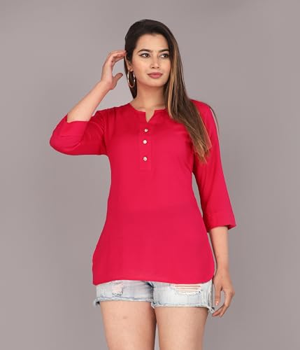 Image of Himanshi Enterprises Women's Traditional Casual 3 /4 Sleeves Mandarin Nack Rayon Solid Short Kurti
